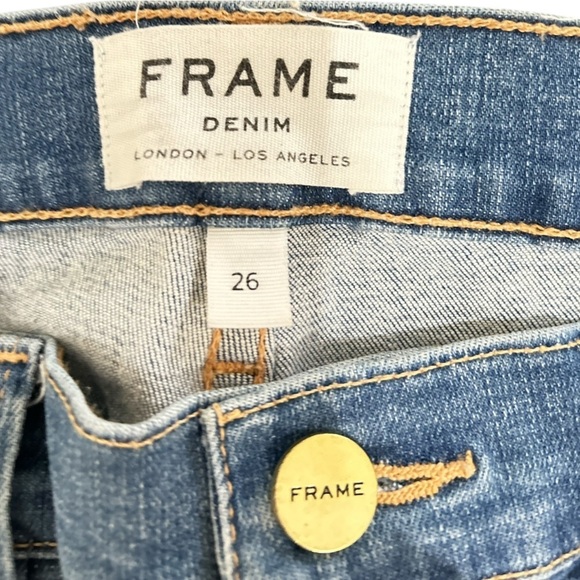 Frame Denim Le Skinny de Jeanne whiskered frayed hem mid tone jeans USA made 26 - Picture 6 of 8